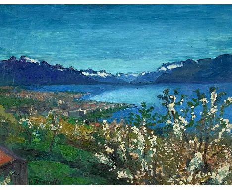 ‡ R. RUSSELL oil on board - continental lake scene with blossom, signed, 38 x 49cms
Provenance: private collection London