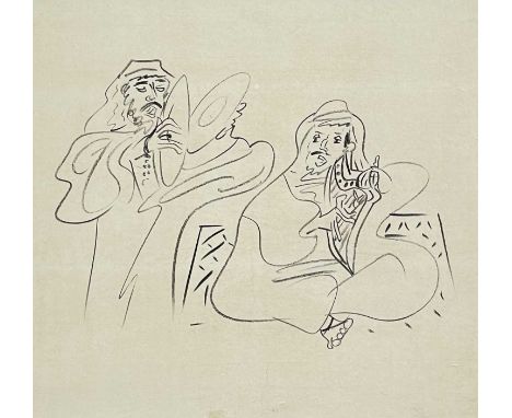 ‡ CERI RICHARDS CBE (1903-1971) black crayon on paper - two figures, wearing Arabian dress, one seated with harp, the other s