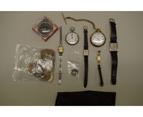 A Gucci silver key ring; together with an ancient coin; other mixed coins; and an assortment of watches. 