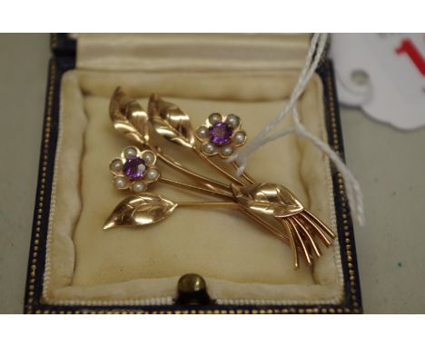 A pearl and amethyst floral spray gold brooch,&nbsp;by Fattorini, hallmarked 9ct, 4.6g total. 