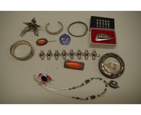 A silver and enamel brooch; together with a quantity of silver and other jewellery. 