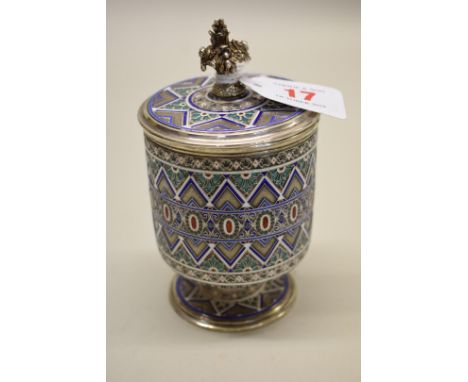 A Russian silver gilt and cloisonne enamel jar and cover, by Antip Ivanovich Kuzmichev, retailed by Tiffany &amp; Co, 10.5cm 