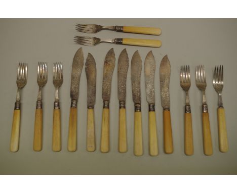 A part set of Edwardian silver bladed fish knives and forks,&nbsp;by&nbsp;R F Mosley &amp; Co,&nbsp;Sheffield 1902/3, having 