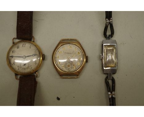 A vintage J Schuler &amp; Sons 9ct gold manual wind wristwatch, 27mm; together with a similar example; and one other. (3) 