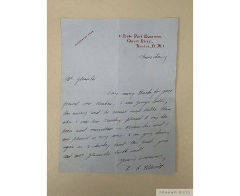 Original signed letter from the 1949 Derby winning jockey Charlie Elliott to the husband of Nimbus's owner Mrs Marion Glenist