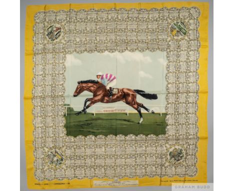 Ladies silks scarf commemorating the victory of Nimbus in the 1949 Derby and originally owned by the colt's owner Mrs Marion 
