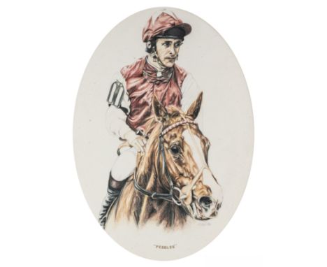 A group of four framed items from the Pat Eddery Collection,
i) oval shaped print featuring Pebbles with Pat up; ii) John Ire
