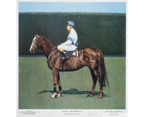 Bob Champion signed Aldaniti limited edition print,
by the artist Bryan Organ, double-signed by the artist and jockey, number
