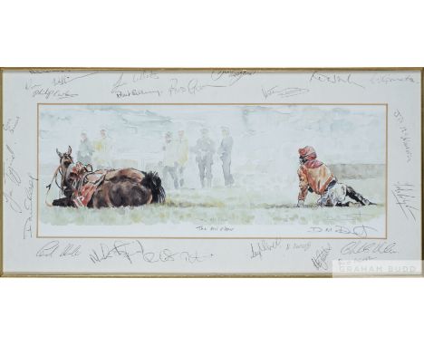 David Dent horse racing print bearing autographs of jump jockeys to the mount,
the print, signed by the artist, titled "The A