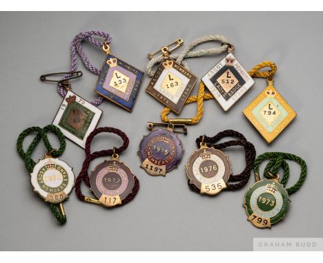 Collection of 21 Ascot racecourse members' gilt-metal &amp; enamel Badges 1969 through the 1970s,
Ladies Badges, Guests, Asco