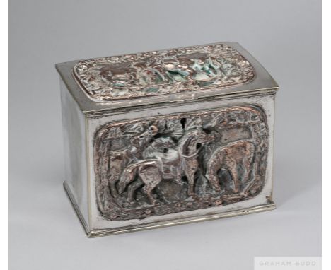 Victorian silver plated tea caddy with panels depicting racing and hunting,
cedar wood interior, wear to plating,15.5 by 11 b