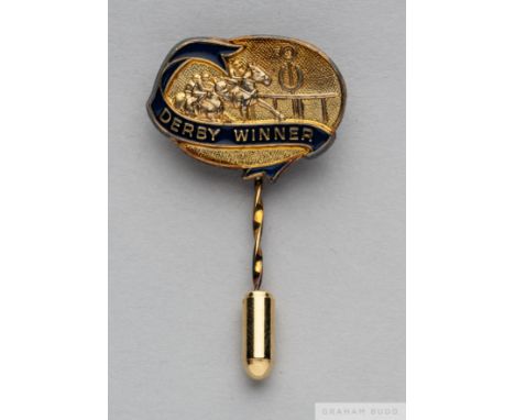 Pat Eddery silver-gilt and enamel Derby Winner stick pin by Spink of London,
stamped silver, with racing scene, the blue enam