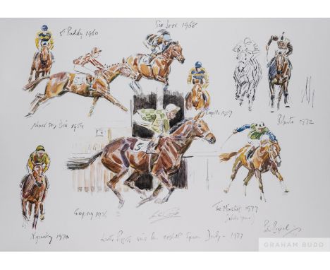 After Peter Biegel (1913-1988)
LESTER PIGGOTT WINS HIS EIGHTH EPSOM DERBY - 1977
signed by Lester Piggott in pencil, colour l
