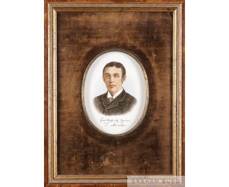 An enamel on china portrait of the jockey Fred Archer by G.S. Furnivall of Stoke on Trent circa 1887,
oval, printed with facs
