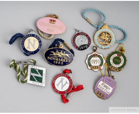 22 racecourse member's badges,
metal &amp; enamel, comprising: Newmarket 1974 (x 2), 1975, 1976, 1977, 1979, 1980, 1981, 1982