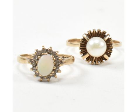 Two 9ct gold and gem set rings. The lot to include a hallmarked 9ct gold, opal and white stone cluster ring, hallmarked for L