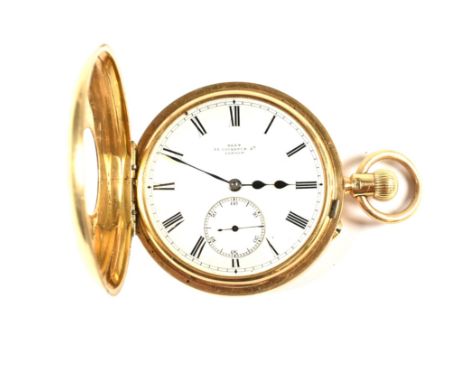 A Victorian 18ct gold keyless half hunter pocket watch. The watch having a white enamel dial with&nbsp; Roman numeral hour ma