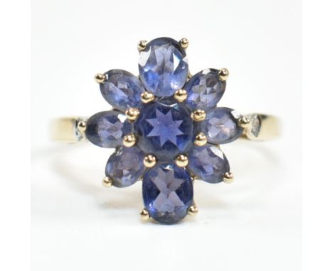 A hallmarked 9ct gold and iolite cluster ring. The ring having a central eight claw set round cut iolite surrounded by eight 