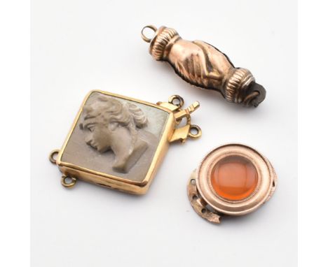 Three 19th century gold clasps. The clasps to include a carved lava cameo clasp featuring the portrait of a lady facing right