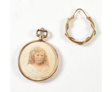 A hallmarked 9ct gold double sided portrait miniature together with a single gold hoop earring. The lot to include a hallmark