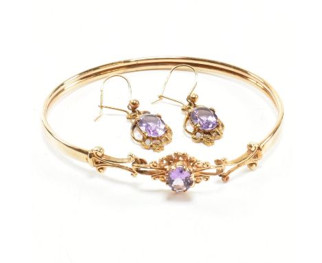 Victorian style hallmarked 9ct gold and amethyst bangle and earring set. The jewellery set to include a hallmarked 9ct gold s