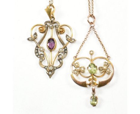 Two Art Nouveau gem set pendant necklaces. The necklaces to include a 9ct gold, peridot and pearl pendant necklace, marked 9c