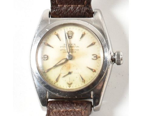 A Rolex Oyster Perpetual wristwatch with leather strap. The gentleman's Rolex wristwatch having mixed Arabic and stick indice