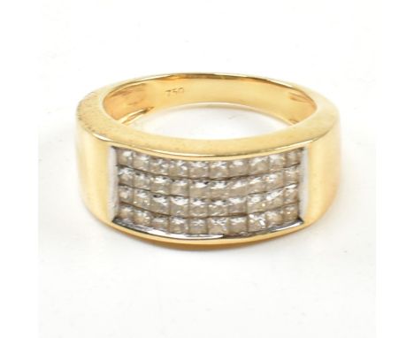 An 18ct gold and diamond cluster ring. The ring having a rectangular head set with four rows of ten princess cut diamonds. St