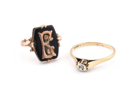 A hallmarked 9ct gold and diamond ring together with a 9ct gold and onyx signet ring AF. Diamond ring size R.5.&nbsp;Total we