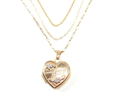 A collection of 9ct gold necklaces including locket. The necklaces to include a 9ct gold heart locket pendant embossed with '