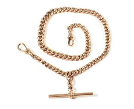 A George V hallmarked 9ct rose gold watch chain. The chain formed with graduating curb links.&nbsp; Each link marked 9 .375. 