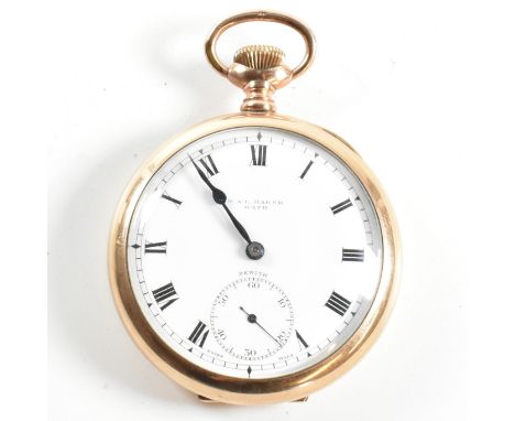 A gold plated open faced pocket watch in presentation case with the dial marked for Marsh of Bath. Crown wind with bale over 