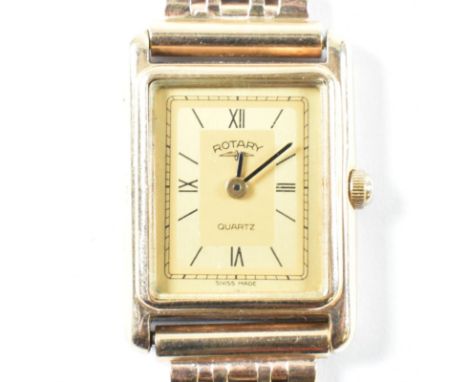 A hallmarked 9ct gold Rotary wrist watch. The gold watch having mixed Roman and stick indices, black hands and a rectangular 