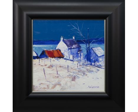 * JOHN LOWRIE MORRISON OBE (JOLOMO) (SCOTTISH b 1948), HEAVY SNOWFALL GRIBUN, MULL oil on canvas, signed, further signed, tit