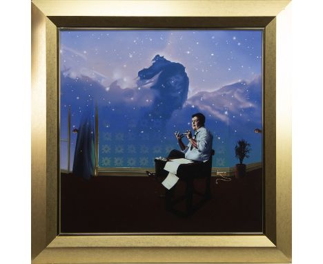 * MALCOLM DICKSON, UNBALANCED ACCOUNT oil on panel, initialled, signed, titled and dated 1975 verso image size 61cm x 61cm, o