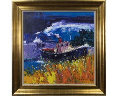 * JOHN LOWRIE MORRISON OBE (JOLOMO) (SCOTTISH b 1948), STREAM UP ON NICKS TUG AT CRINAN oil on canvas, signed, further signed