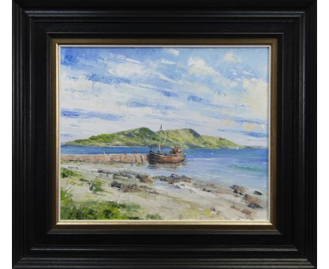 ERNI UPTON FRSA, LAMLASH PIER &amp; HOLY ISLAND, ARRAN oil on canvas, signed, further signed, titled and dated 2016 verso ima