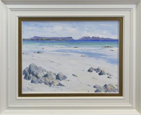 ERNI UPTON FRSA, CAMUSDARRACH 'TAE OORSELS', EIGG &amp; RHUM DISTANT oil on canvas, signed, further signed and titled verso i