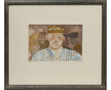 * ROBBIE BUSHE RSW, PARTY PORTRAIT watercolour on paper, signed and dated '92, titled label verso image size 13cm x 19cm, ove