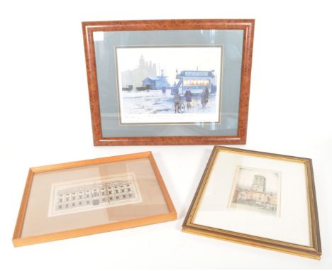 Collection of three 20th century prints of Bristol interest. Comprised of a coloured etching of Temple Church by E. Sharland,