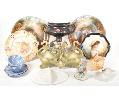 Collection of assorted 20th century china and porcelain items. Comprised of a sitzendorf style bisque ceramic mantel centrepi