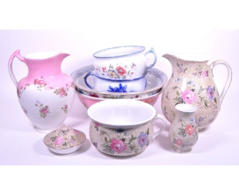 Collection of early 20th century ceramic / porcelain wash set pieces, examples including a Rose Myott semi porcelain chamber 