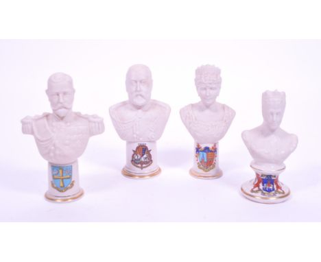 Four early 20th century crested Goss ware china porcelain royal busts. Comprised of an Arcadian Queen Alexandra bust, an Arca