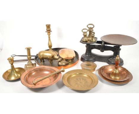 A collection of 19th century brass &amp; copper items. Including a large iron and copper skillet pan, brass candlesticks, bra