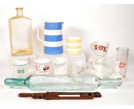 Collection of 19th and 20th century assorted ceramics and glass kitchenware. Examples include a glass rolling pin, an EX-OX c
