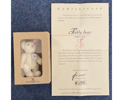 Steiff Miniature club. Fully jointed teddy bear, white 7cm 2001 edition. With original box and certificate. White and red ear
