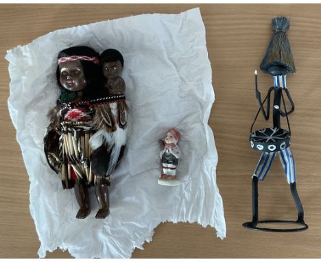 3 x Collectors Dolls, a group of three dolls Figures, mother and baby with eyes that close when laid down, man playing Steel 