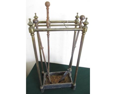 Edwardian cast iron &amp; brass six division stick stand, H61cm W30cm D18cm, and a set of three early 19th C steel fire irons