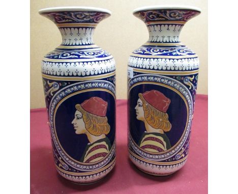 Pair of 20th C Riprodwzione Italian vases, polychrome decoration with central panel set with a bust portrait of a young man, 