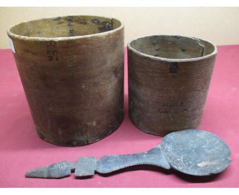 ERII bent plywood one-gallon measure, stamped with Crowned ER monogram 51, similar half-gallon measure  (lacking base) and a 